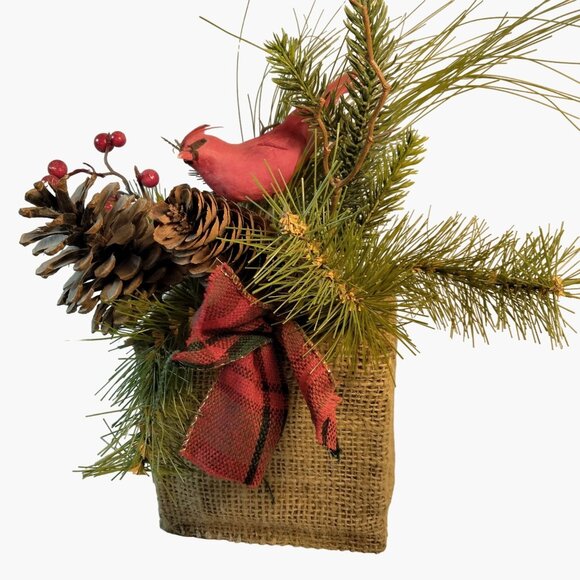 Rustic Burlap Christmas Evergreen Centerpiece Cardinal Pinecones Winter Decor - Picture 1 of 11